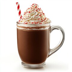 Glass mug filled with hot chocolate topped whipped cream Holiday Peppermint Mocha Isolated