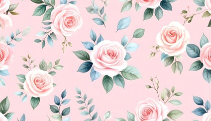 Watercolor Roses and Foliage Pattern on Light Pink Background, Floral Design
