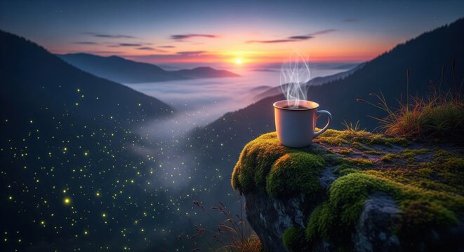 Steaming coffee mug on a mossy cliff overlooking a mountain sunrise