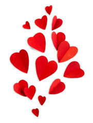 Red paper heart shapes in varying sizes scattered isolated on white transparent png background for Valentine's Day decoration or romantic themes