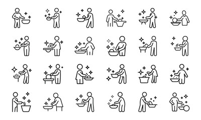 A comprehensive set of 24 black and white line icons representing diverse concepts such as business strategy, education, customer service, and daily life activities.