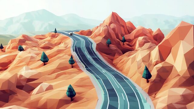 White car traveling on a winding road through low poly mountains