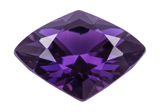 A faceted cushioncut purple gemstone likely amethyst displaying brilliant sparkle and clarity against a transparent background