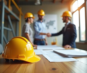 Construction team meeting handshake engineering plans and safety helmet