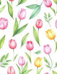 Watercolor Tulip and Leaf Seamless Pattern Design