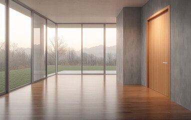 Modern minimalist interior design with large windows and wooden door overlooking a scenic landscape in afternoon light