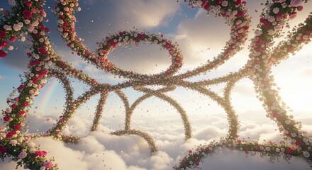 Fantasy architecture of rose vines floating above the clouds