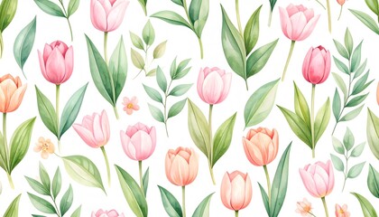 Watercolor Tulip Garden: A Seamless Pattern of Pink and Peach Blooms with Green Foliage