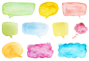 Colorful watercolor speech bubbles set isolated on white background for creative communication designs and graphic projects, vector PNG