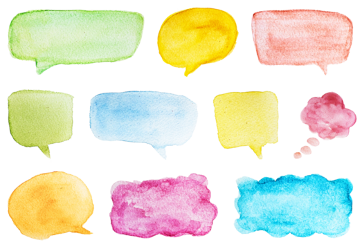 Colorful watercolor speech bubbles set isolated on white background for creative communication designs and graphic projects, vector PNG