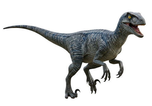 A blue and grey striped velociraptor dinosaur with sharp claws and teeth is shown in a dynamic pose on a transparent background - Powered by Adobe