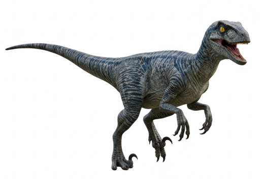 A blue and grey striped velociraptor dinosaur with sharp claws and teeth is shown in a dynamic pose on a transparent background