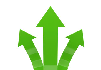 Three green arrows point upwards in different directions symbolizing multiple choices opportunities and the path forward isolated on transparent