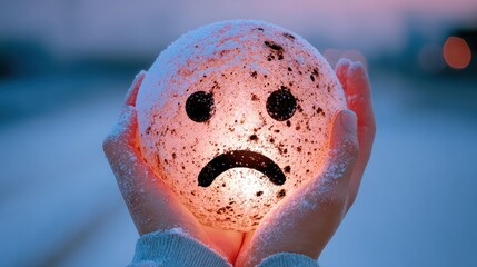 Snow-covered hands hold a glowing sad face