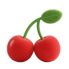 3d illustration of two fluffy red cherries with a green leaf and stem, isolated on a transparent background, representing fresh and sweet fruit