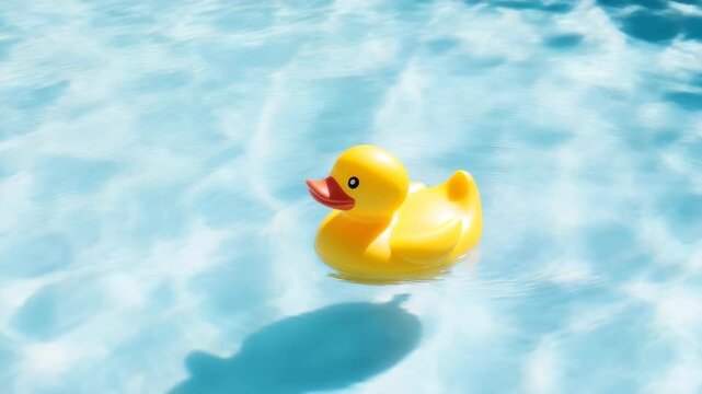 Yellow rubber duck floating on clear blue water pool with soft ripples and sunlight reflections creating calm playful atmosphere in plastic toy water surface