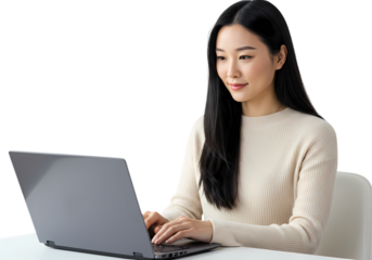 Young Asian Woman Using Laptop, Focused Expression, Professional, Technology, Work From Home