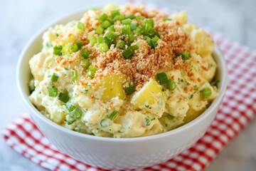 Creamy Potato Salad with Green Onions and Crumbled Breadcrumbs in American Mustard, Mayonnaise