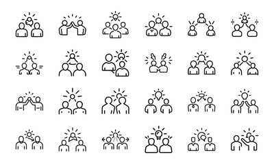 A comprehensive set of 24 black and white line icons representing diverse concepts such as business strategy, education, customer service, and daily life activities.