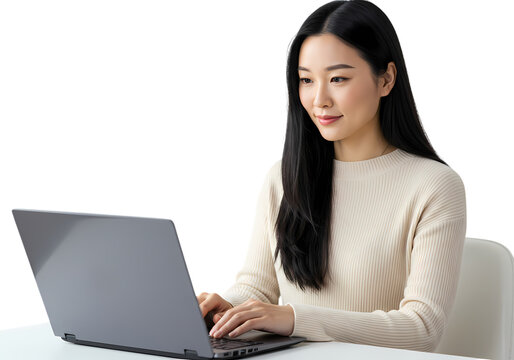 Young Asian Woman Using Laptop, Focused Expression, Professional, Technology, Work From Home - Powered by Adobe