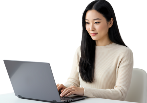 Young Asian Woman Using Laptop, Focused Expression, Professional, Technology, Work From Home