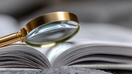 Gold Magnifying Glass on Open Book with Investigating Knowledge and Research.