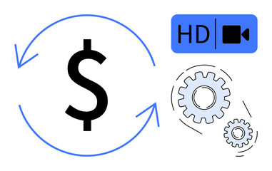 Dollar sign surrounded by arrows, two interlocked gears, and HD video icon. Ideal for finance, technology, video production, efficiency, workflow economics innovation. Simple flat metaphor