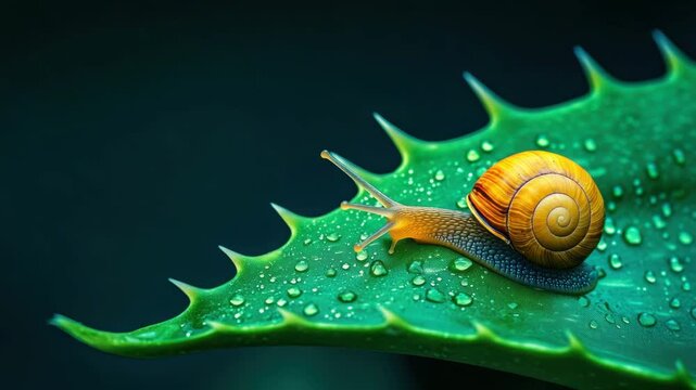 Snail with yellow spiral shell crawling on green spiky leaf covered with water droplet close up macro photography showing natural texture vibrant colors detailed nature view