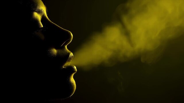 Side profile of person exhaling visible sulfur gas mist highlighting oral hygiene issue and halitosis symptoms.
