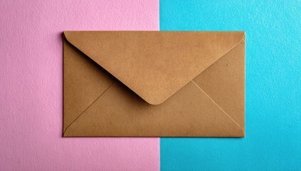 Brown paper envelope on pink and teal background