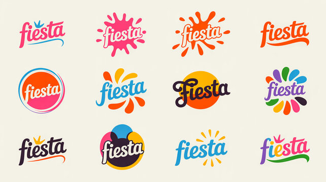 Collection of twelve colorful fiesta logos with diverse graphic styles celebration party