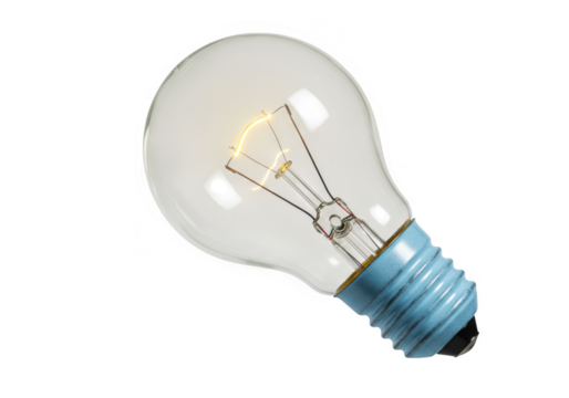 A clear incandescent lightbulb with a visible filament and a blue base rests on a transparent background representing a bright idea or innovation