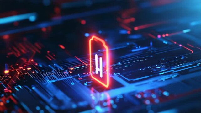 Glowing sim card over futuristic circuit board is sending and receiving data