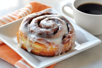 Golden brown cinnamon roll with icing on white plate, served and Coffee