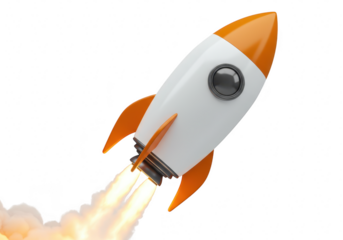 A white rocket with orange fins and nose cone accelerates upwards with bright flames and smoke from its engines isolated on transparent background