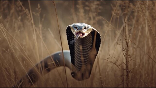 A cobra standing gracefully in dry grass.