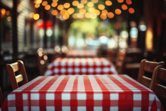 Dimly Lit Cafe Ambiance with Checkered Tablecloth, Wooden Chairs, and Empty Product Display Table Blurred