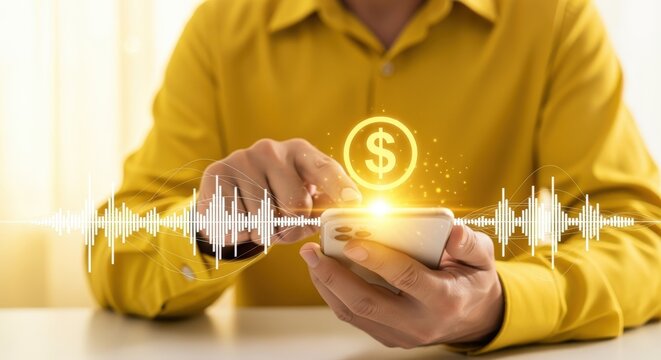 Hands holding smartphone with holographic golden dollar sign and audio waveform above screen. Digital interface with currency icon and symmetrical sound wave.