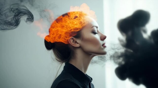 Woman with fire burning around head and dark smoke, calm expression showing intense thought and creativity, profile of surreal flames symbolizing deep emotions and focused mind in artistic style