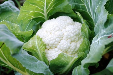 Close-up of white cauliflower with wrinkled texture surrounded by green