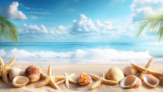 Seashell starfish beach ocean sand tropical palm sky clouds water waves summer vacation relaxation calm nature scenic view seashells starfish arranged sandy beach palm leaves framing calm ocean waves