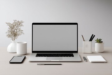 Modern workspace with laptop, phone, and accessories