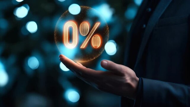 Glowing sphere in hand with bokeh light background and futuristic design featuring zero percent discount symbol, digital marketing promotion, and bright orange light for sale offer