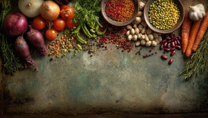 Colorful assortment of fresh vegetables and spices