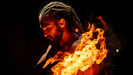 male fire performer with dreadlocks skillfully exhales massive fireball creating spectacular display. 


