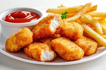 Fototapeta premium Golden and crispy chicken nuggets with french fries on white Delicious Fried Strips
