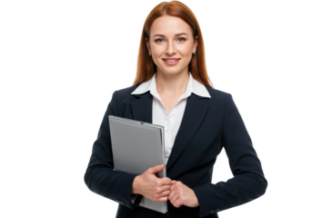 A confident young redhead businesswoman in a dark suit smiles while holding a silver laptop in front of a transparent background