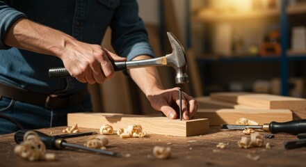 Close-up of Carpenter Nailing a Board on Workbench in Sunlit Workshop Full of Tools