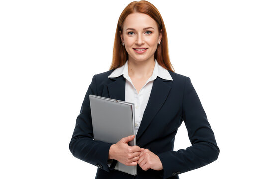 A confident young redhead businesswoman in a dark suit smiles while holding a silver laptop in front of a transparent background