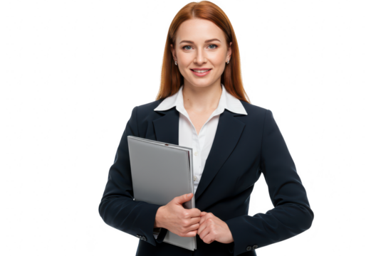 A confident young redhead businesswoman in a dark suit smiles while holding a silver laptop in front of a transparent background - Powered by Adobe